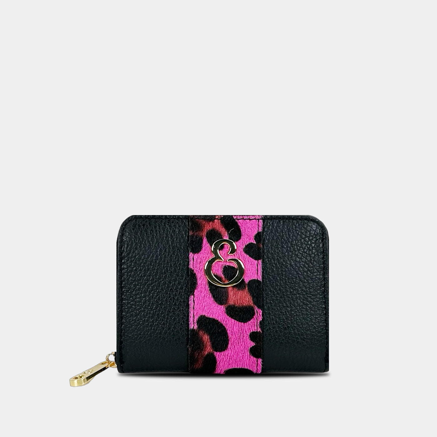 Mini Raya Wallet Black Fuchsia Ponyskin Gold Hammered Leather 