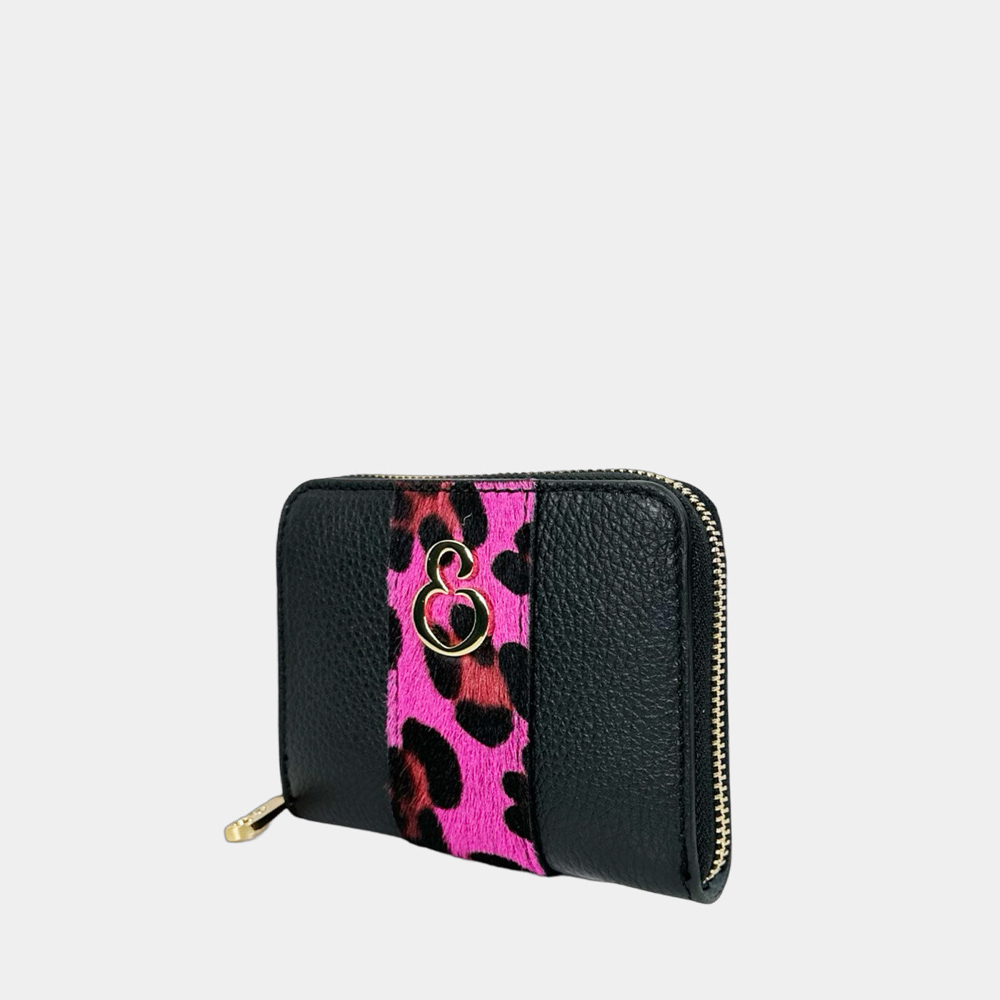 Mini Raya Wallet Black Fuchsia Ponyskin Gold Hammered Leather 